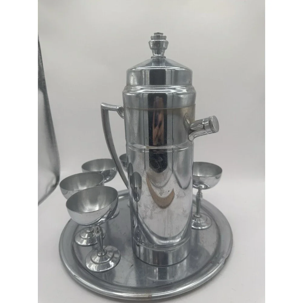 Art Deco Chrome Silver Cocktail Set With 6 Cups And Tray Ice Hot Carafe